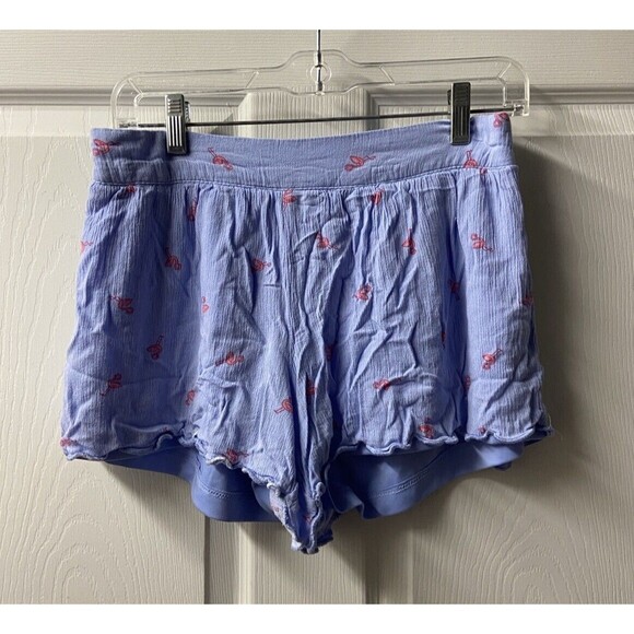 Blue Rain Shorts Womens Medium Blue Crinkle Pull On Lined Pink Flamingo - Picture 1 of 6
